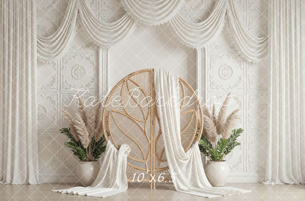 Kate Mother's Day Boho White Drapes Rattan Chair Pampas Grass Backdrop Designed by Mini MakeBelieve