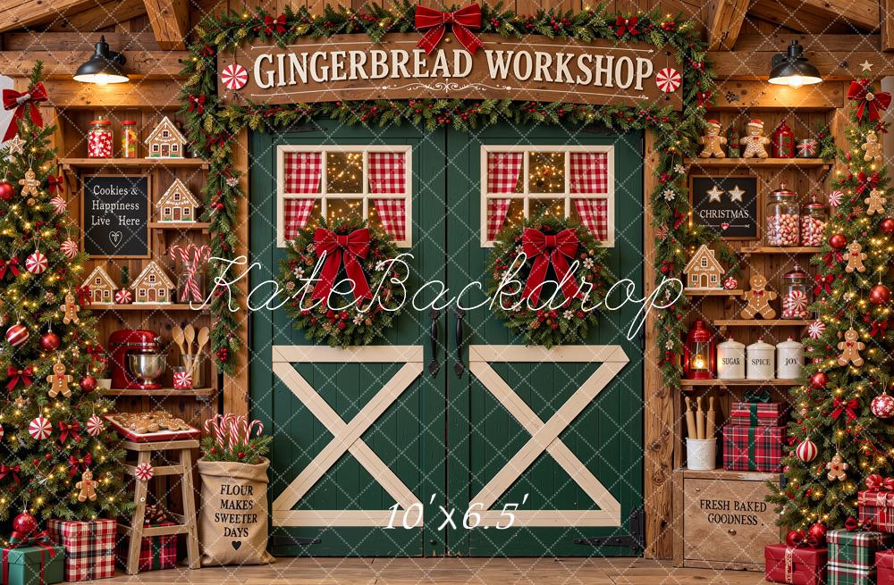 Kate Christmas Gingerbread Workshop Green Barn Door Shelves Printed Backdrop Designed by Shutter Swan Studios