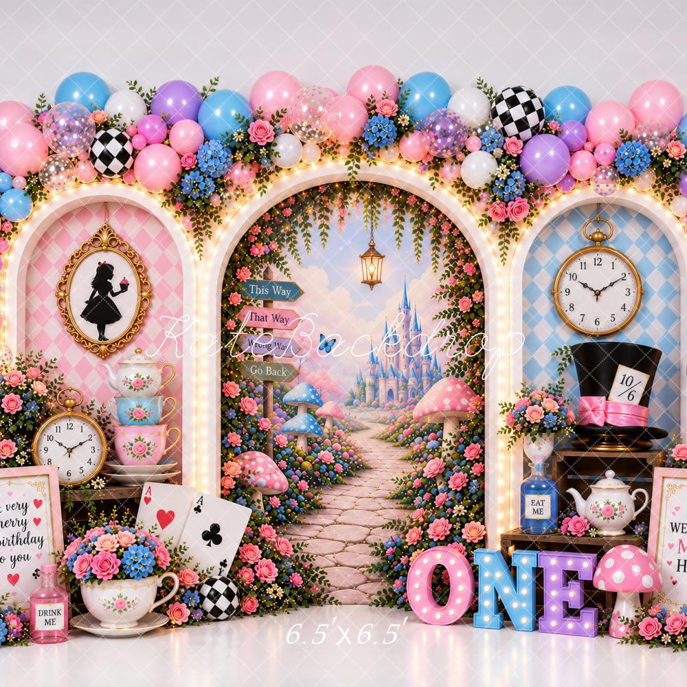 Kate First Birthday Whimsical Wonderland Tea Party Balloon Arch Printed Backdrop Designed by Ashley Paul