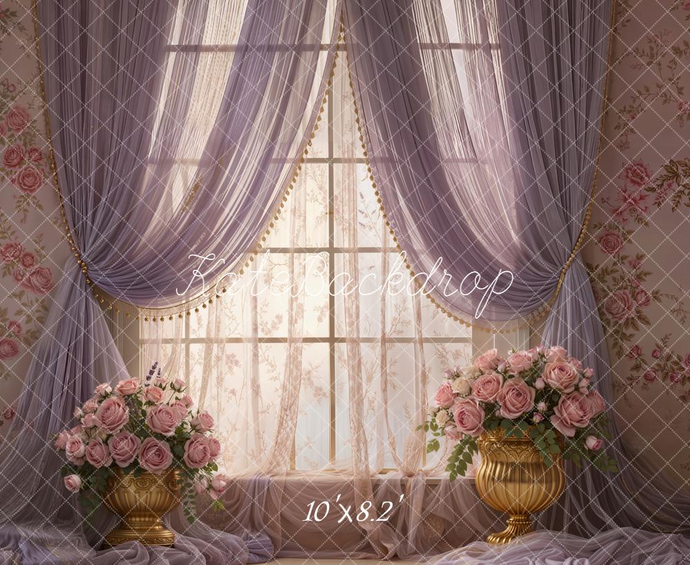 Kate Spring Floral Window Purple Drapes Gold Vases Pink Roses Backdrop Designed by Emetselch