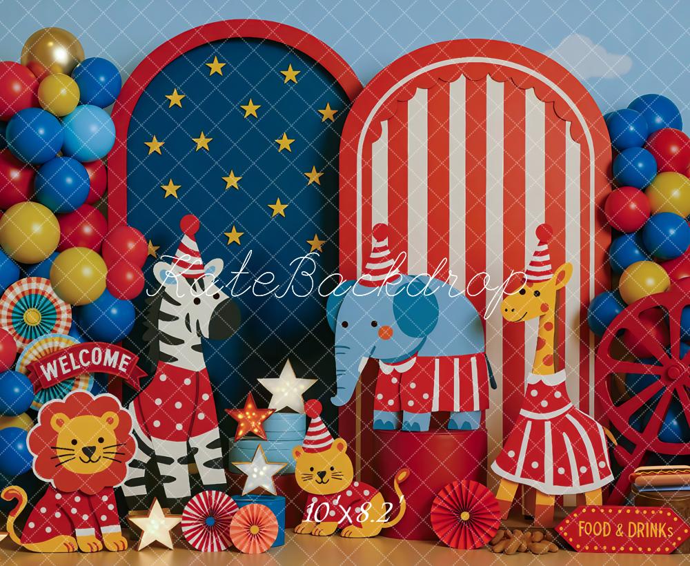 Kate Cake Smash Circus Animals Balloon Printed Backdrop Designed by Mini MakeBelieve
