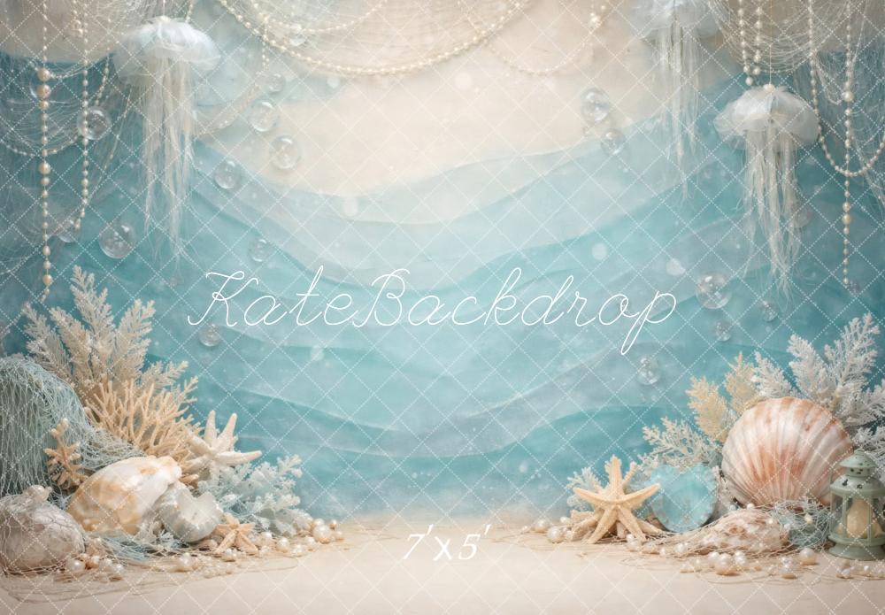 Kate Mermaid Jellyfish Seashells Coral Blue Printed Backdrop Designed by Vertigo Productions