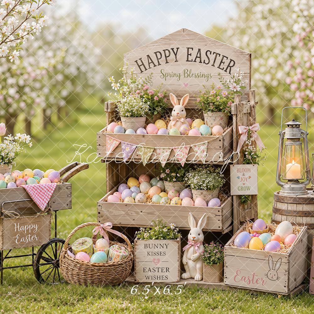 Kate Easter Spring Egg Flower Cart Bunny Cherry Blossoms Printed Backdrop Designed by Emetselch