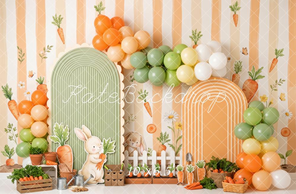 Kate Easter Birthday Carrot Stripe Balloons Arches Bunny Garden Printed Backdrop Designed by Patty Roberts