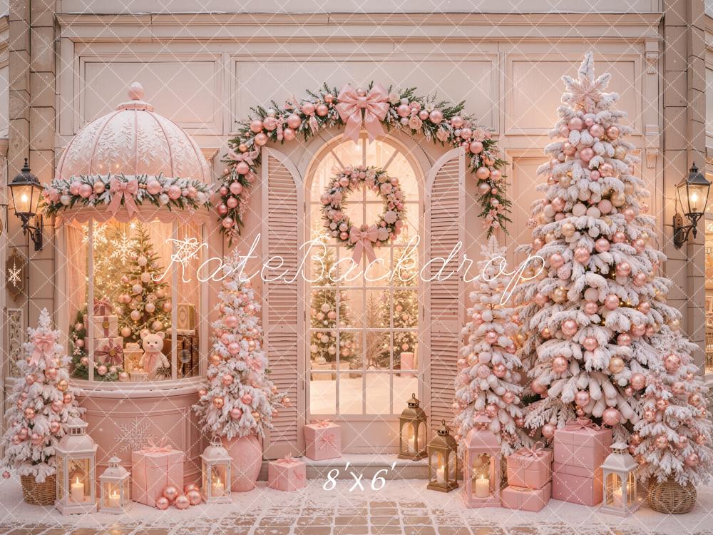 Kate Christmas Shop Pink Snowy Trees Garland Wreath Gift Boxes Printed Backdrop Designed by Emetselch
