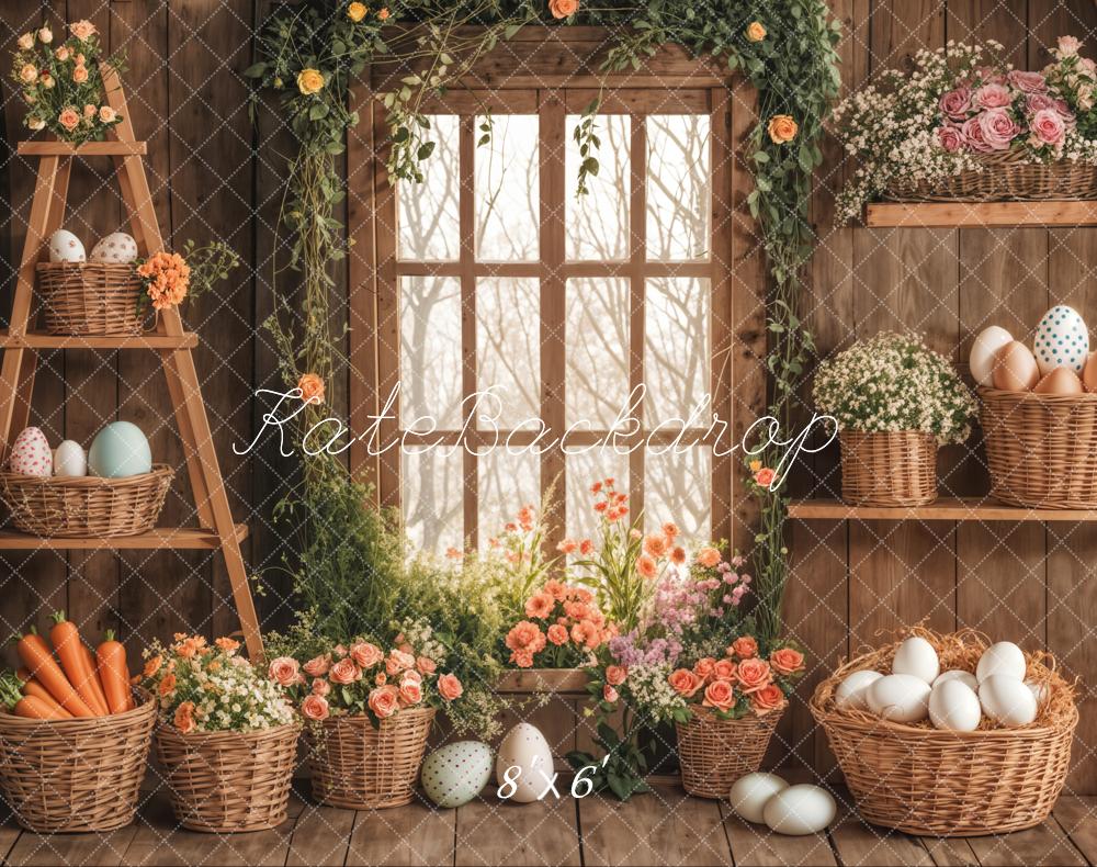 Easter Floral Basket Window Wood Foto Achtergrond Designed by Emetselch