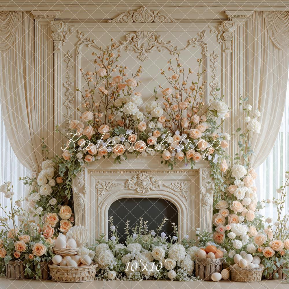 Kate Easter Bunny Flower Arch Fireplace Printed Backdrop Designed by Mini MakeBelieve