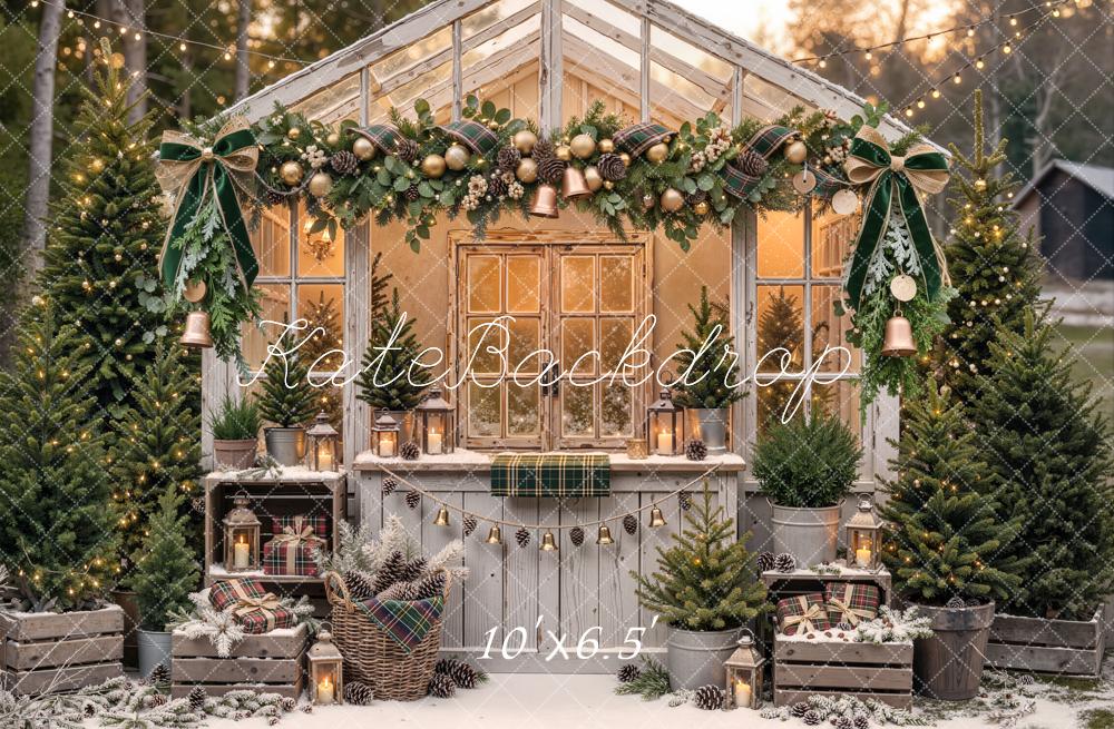 Kate Christmas Vintage Greenhouse Garland Pine Trees Printed Backdrop Designed by Emetselch