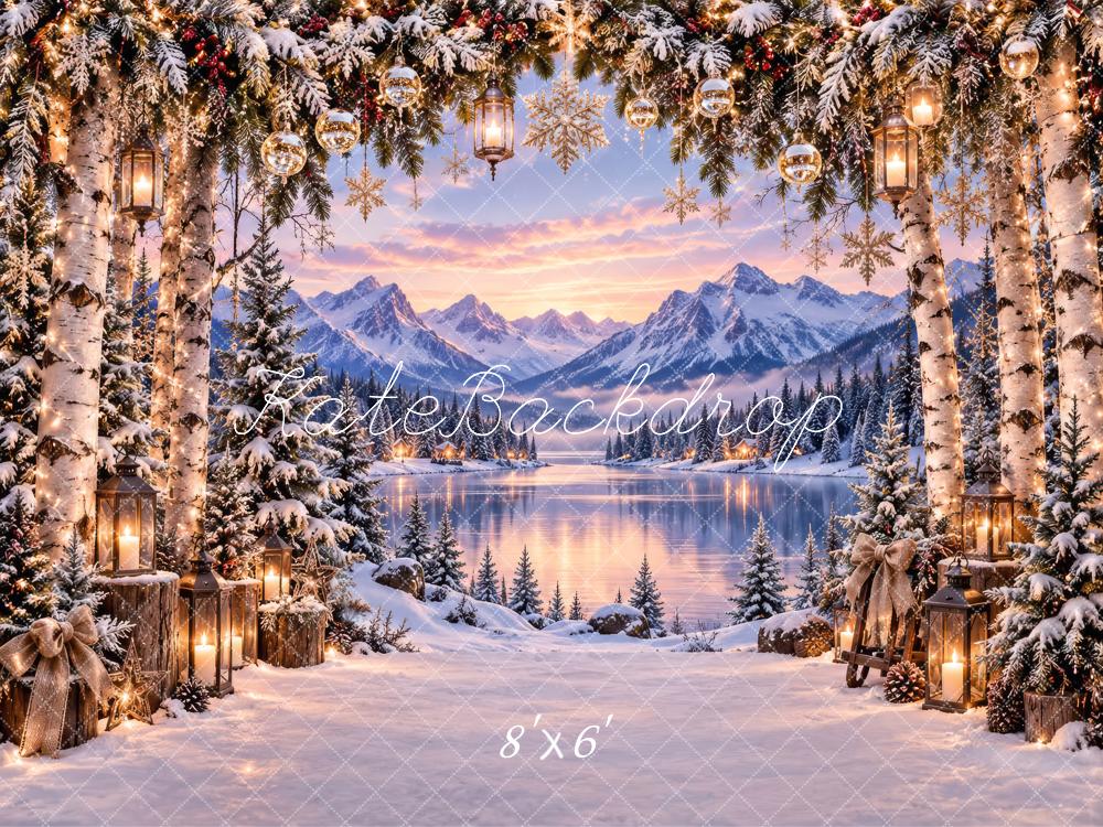 Kate Christmas Snowy Trees Mountain Lake Lanterns Printed Backdrop Designed by Laura Bybee
