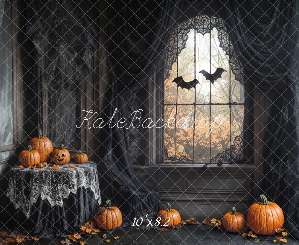 Kate Halloween Gothic Spider Web Window Pumpkins Bats Printed Backdrop Designed by Emetselch