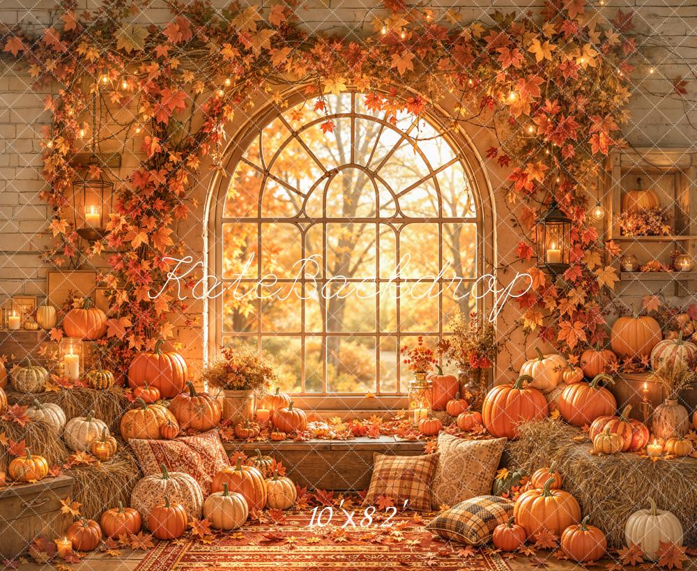Kate Fall Pumpkins Window Arch Maple Leaves Printed Backdrop Designed by Emetselch