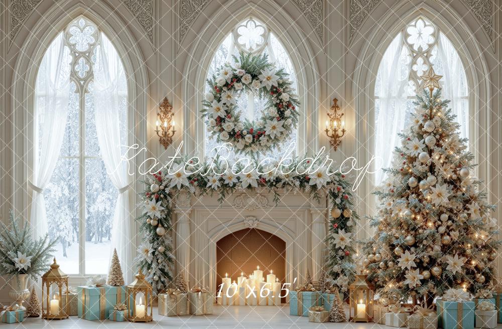 Kate Christmas Cathedral Fireplace Wreath Tree Printed Backdrop Designed by Mini MakeBelieve