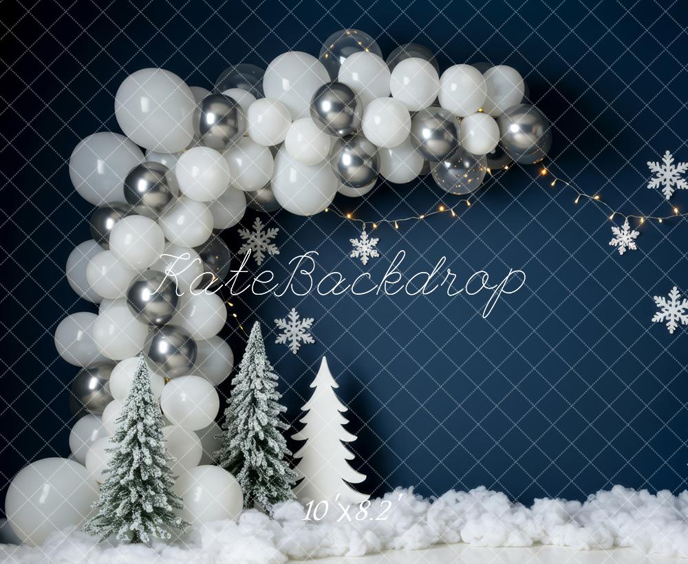 Kate Christmas Balloon Arch Snowflake Winter Trees Blue Backdrop Designed by Patty Roberts