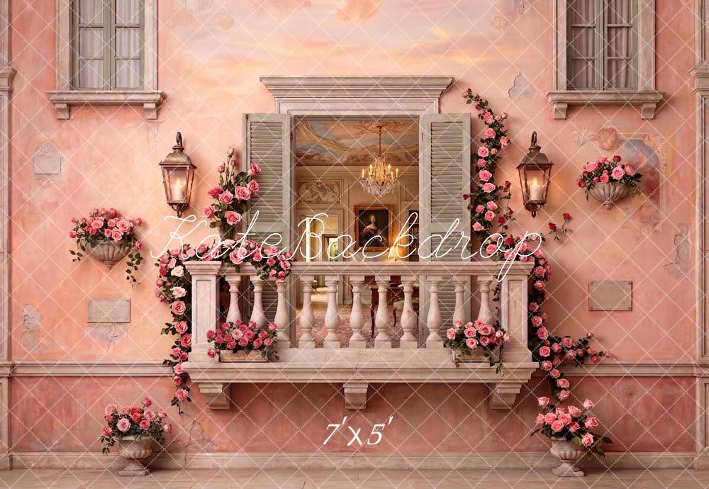Kate Romantic Pink Balcony Roses French Villa Printed Backdrop Designed by Patty Roberts
