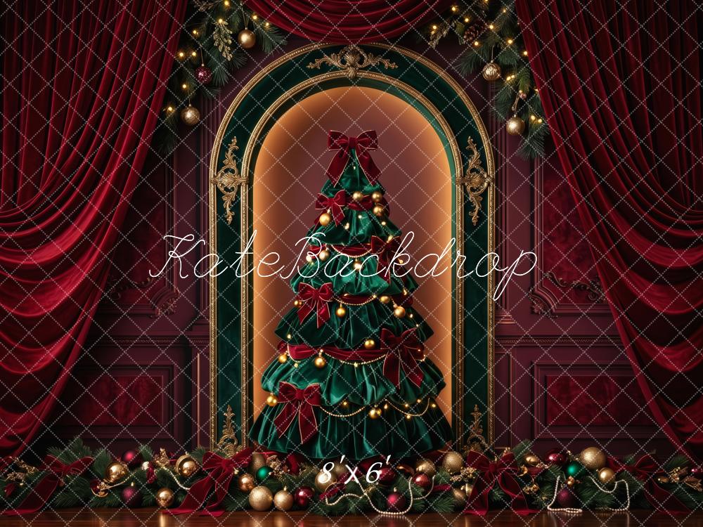Kate Christmas Tree Elegant Red Velvet Curtains Ornaments Printed Backdrop Designed by Patty Roberts