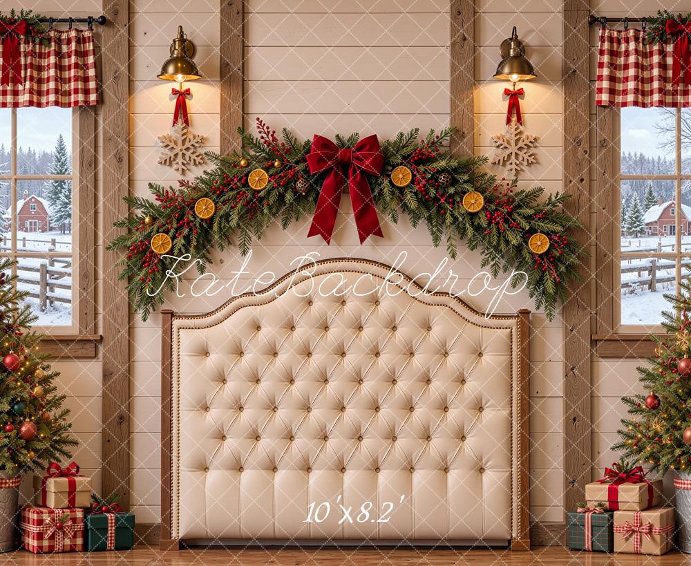 Kate Christmas Headboard Rustic Cabin Garland Trees Printed Backdrop Designed by Shutter Swan Studios