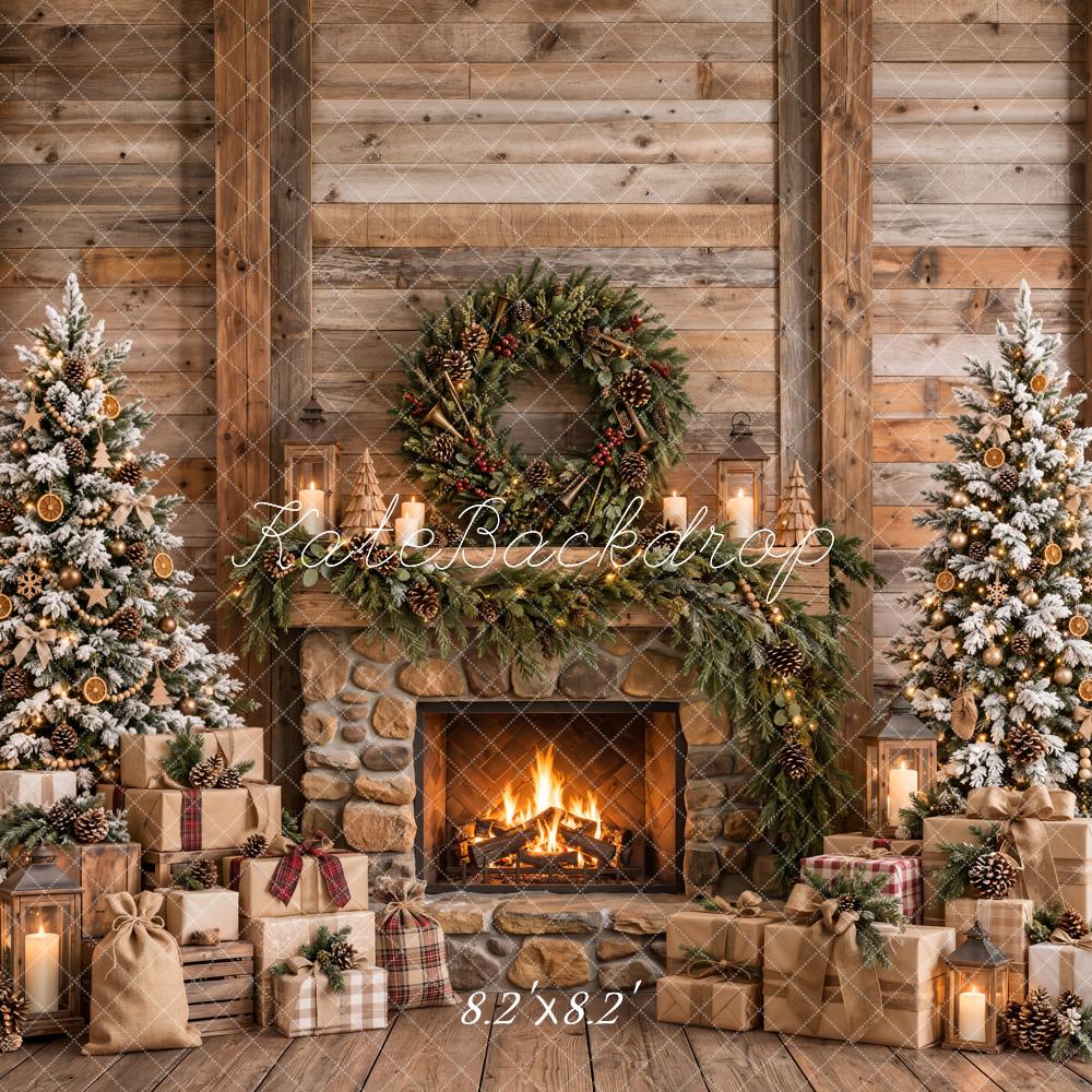 Kate Christmas Rustic Fireplace Trees Wreath Printed Backdrop Designed by Emetselch