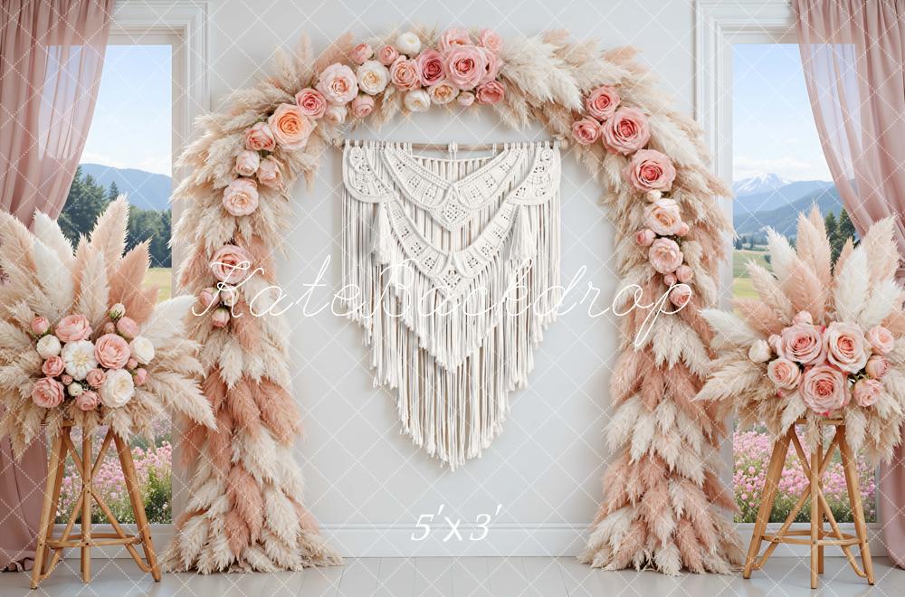 Kate Mother's Day Flower Arch Pink Pampas Macrame Printed Backdrop Designed by Mini MakeBelieve