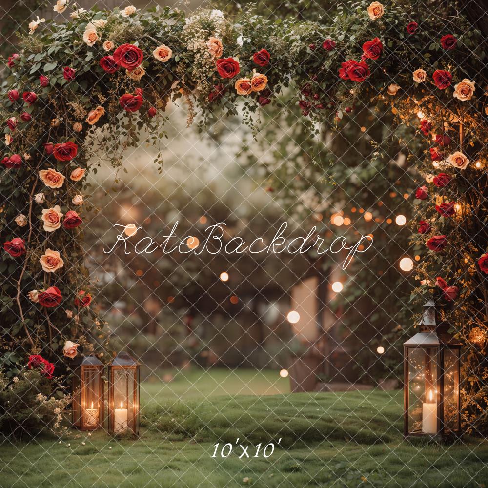 Fondo de jardín con arco de flores romántico de San Valentín diseñado por Emetselch