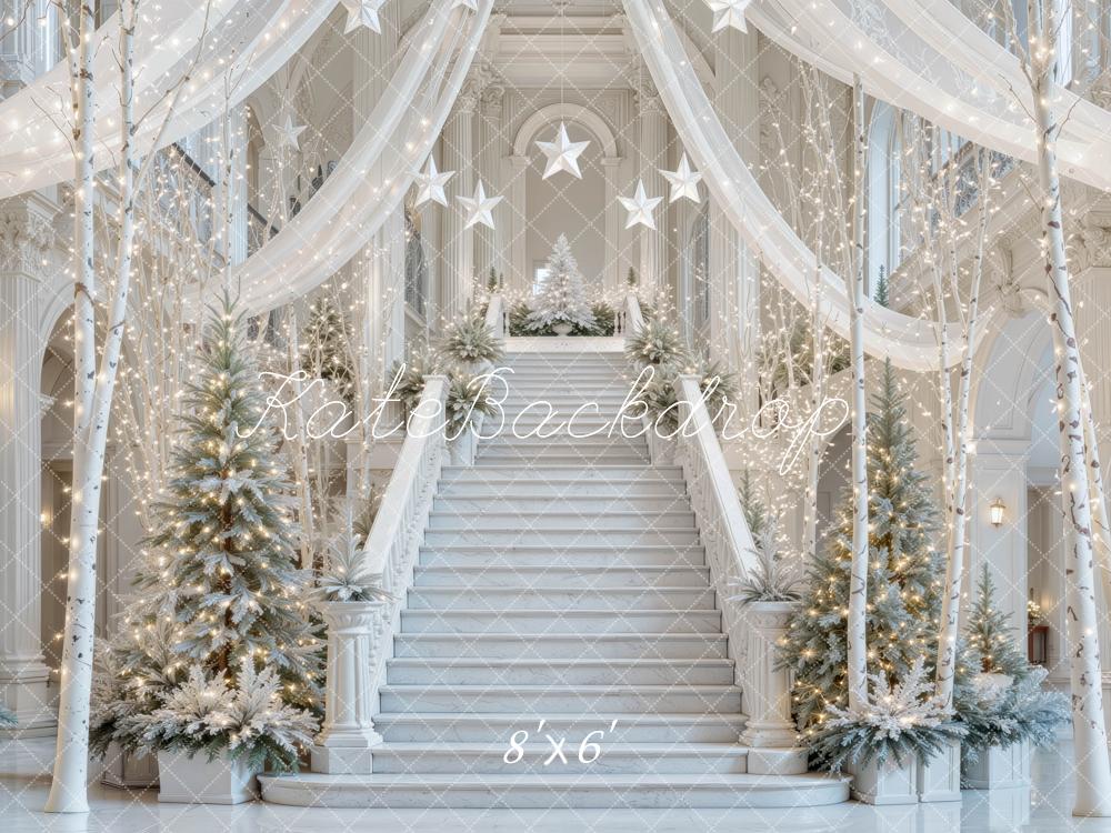 Kate Christmas Winter Wonderland Staircase Christmas Trees White Printed Backdrop Designed by Mini MakeBelieve