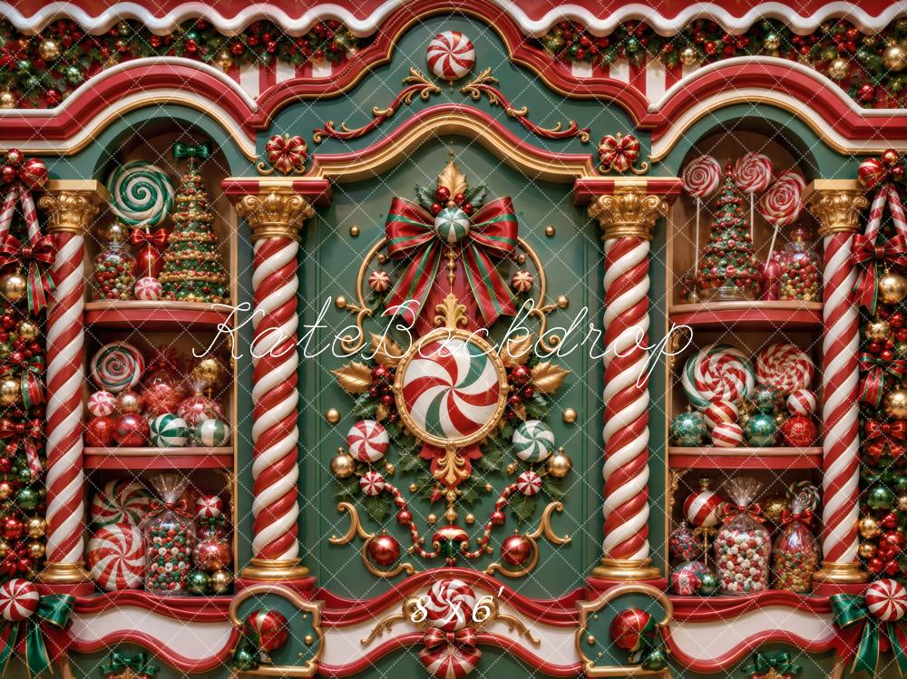 Kate Christmas Candy Peppermint Shop Green Red Printed Backdrop Designed by Vertigo Productions