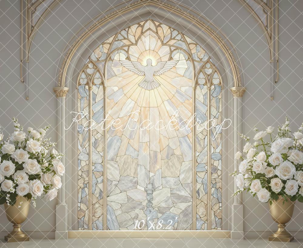 Kate Church Stained Glass Dove Window White Roses Printed Backdrop Designed by Mini MakeBelieve