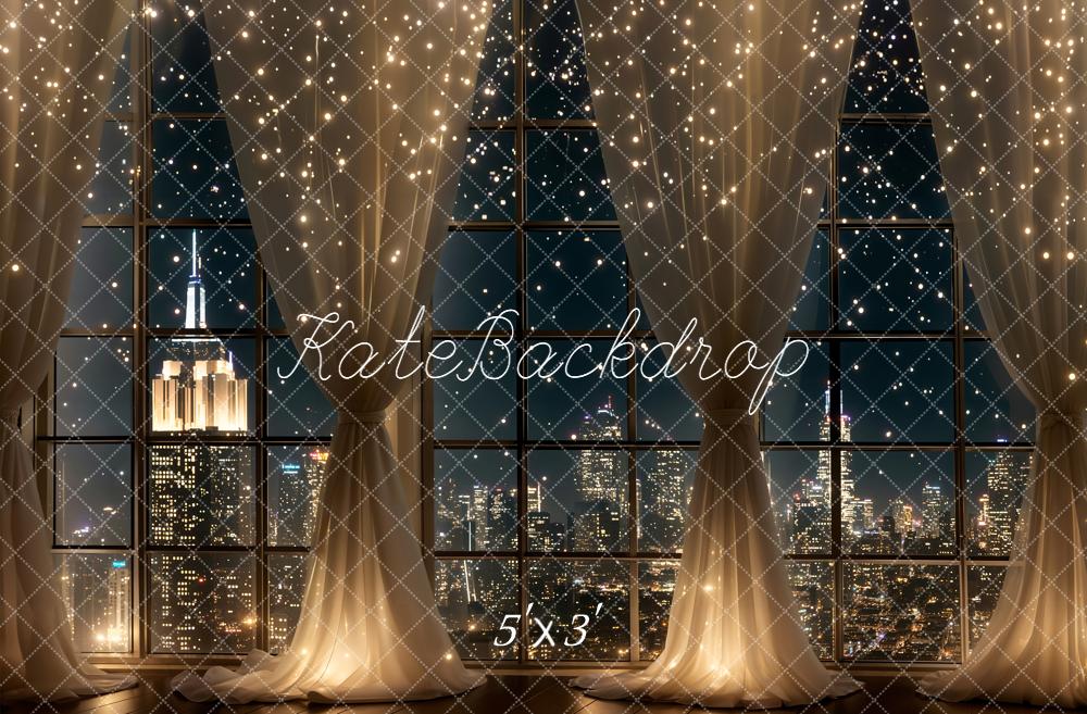 Kate New Year City Night Skyline Window Curtains String Lights Printed Backdrop Designed by Chain Photography