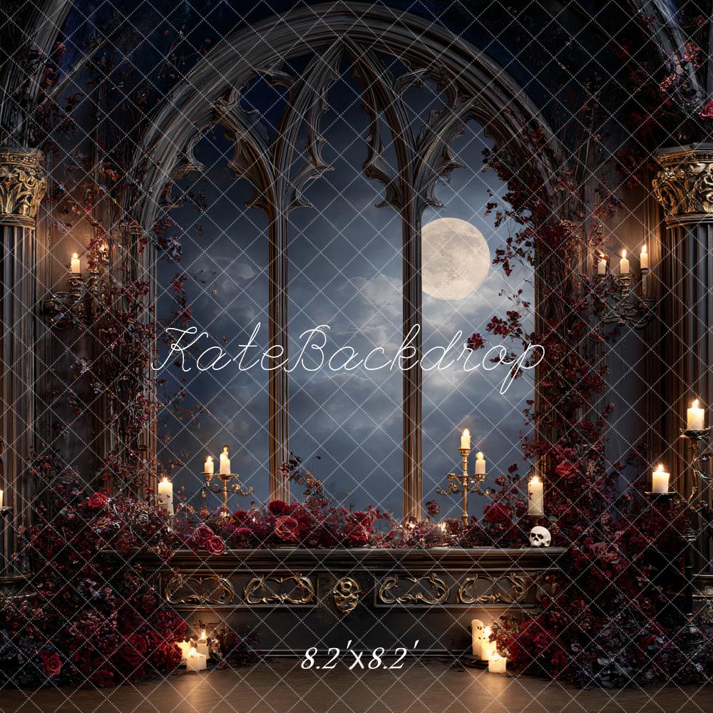 Kate Halloween Gothic Window Castle Moonlight Candles Roses Backdrop Designed by Ashley Paul