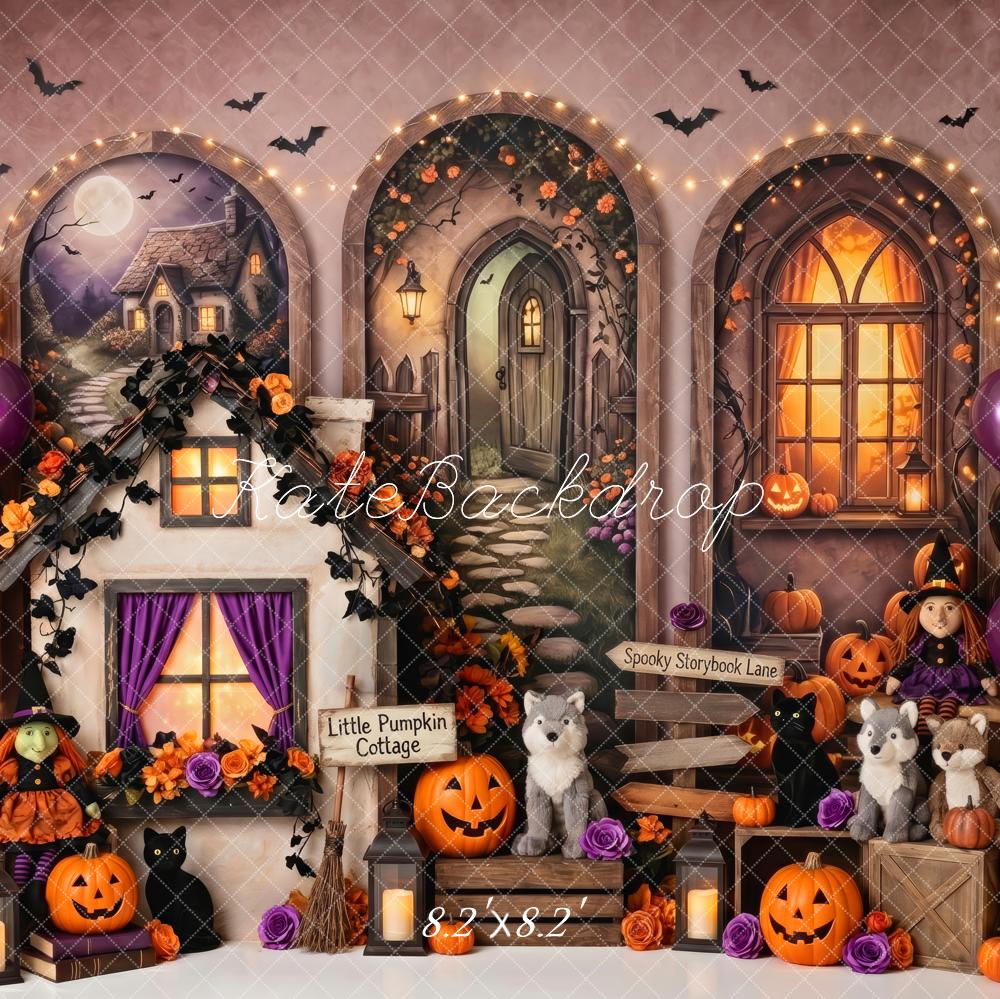 Kate Halloween Birthday Storybook Haunted Houses Pumpkins Printed Backdrop Designed by Patty Roberts