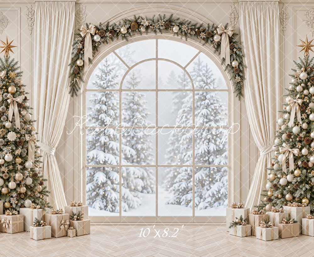 Kate Christmas Window Trees And Gifts Printed Backdrop Designed by Emetselch