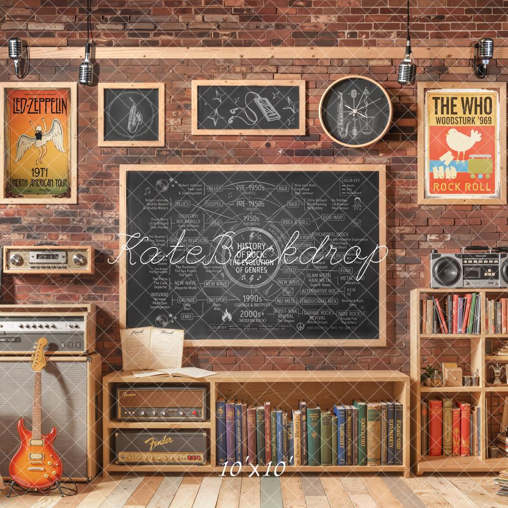 Kate Retro Music Classroom Brick Wall Guitars Printed Backdrop Designed by Emetselch
