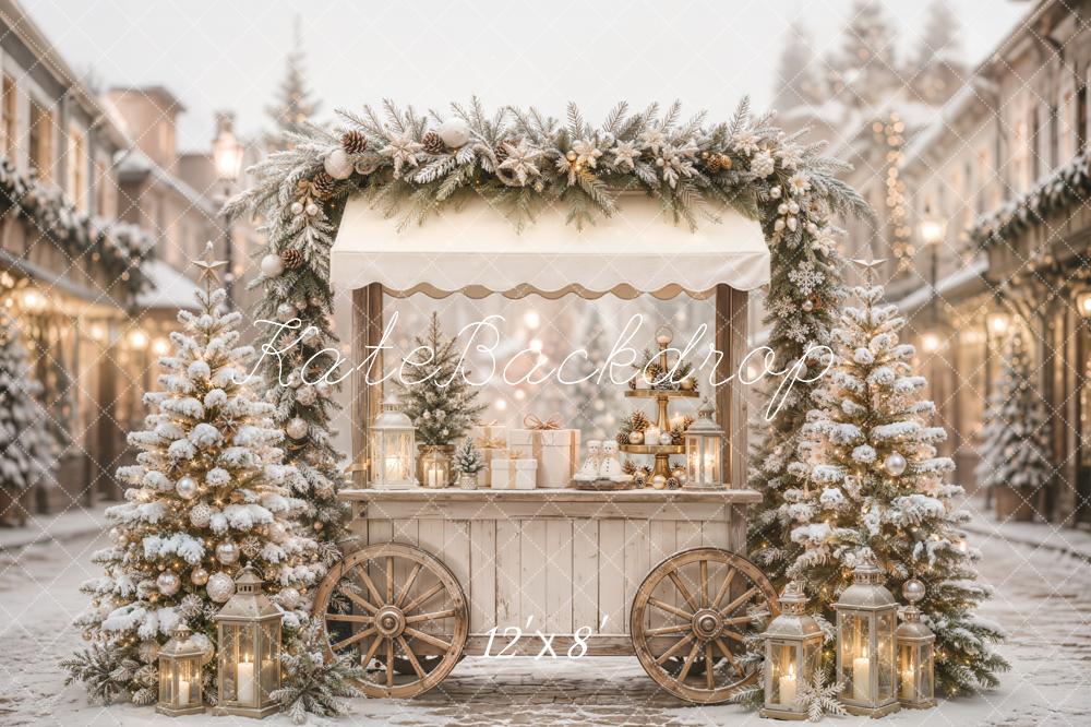 Kate Christmas Snowy Street Market Cart Trees Lanterns Printed Backdrop Designed by Emetselch