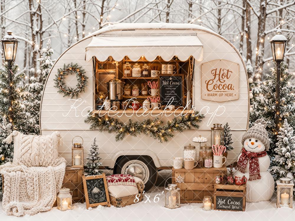 Kate Christmas Hot Cocoa Camper Snowy Forest Snowman Printed Backdrop Designed by Emetselch