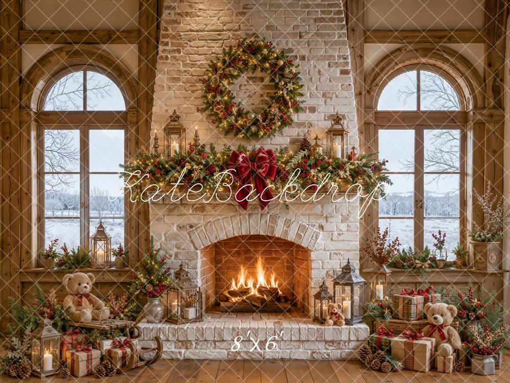 TEST Kate Christmas Fireplace Stone Garland Wreath Teddy Bear Gifts Printed Backdrop Designed by Emetselch