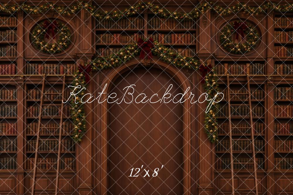 Kate Christmas Library Bookshelves Garland Printed Backdrop Designed by Vertigo Productions