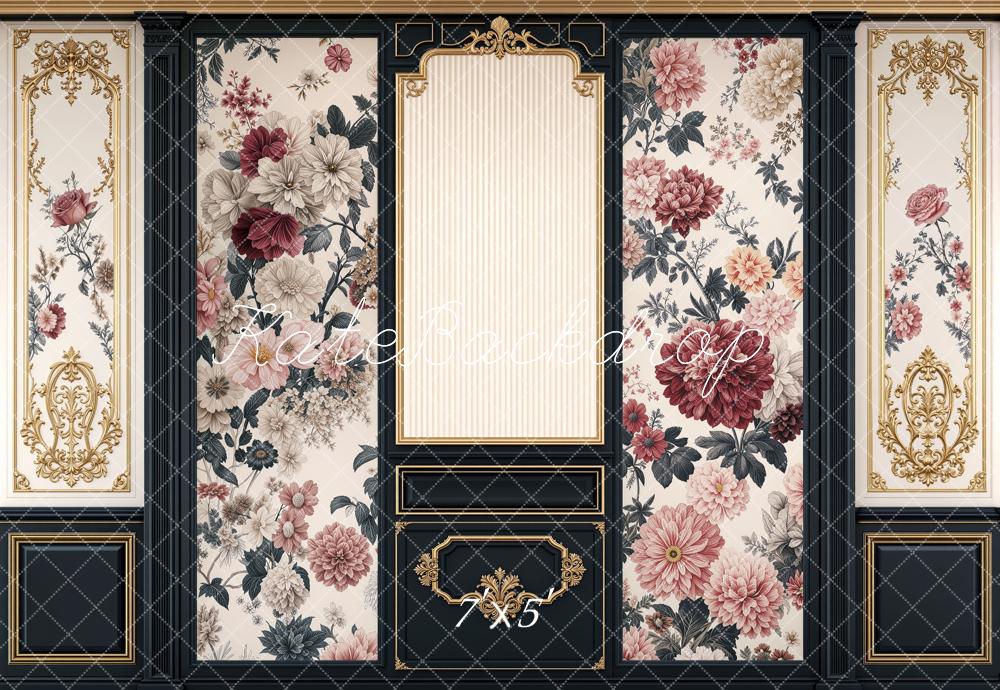 Kate Retro Ornate Black Gold Floral Wall Printed Backdrop Designed by Mini MakeBelieve