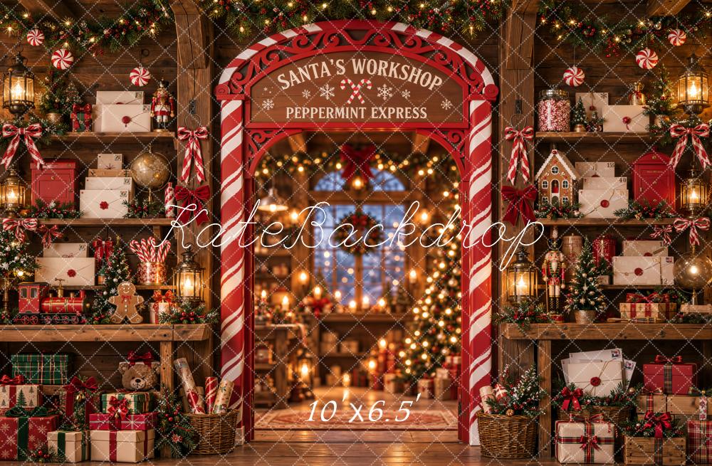 Kate Christmas Santa's Workshop Candy Cane Arch Toys Printed Backdrop Designed by Emetselch