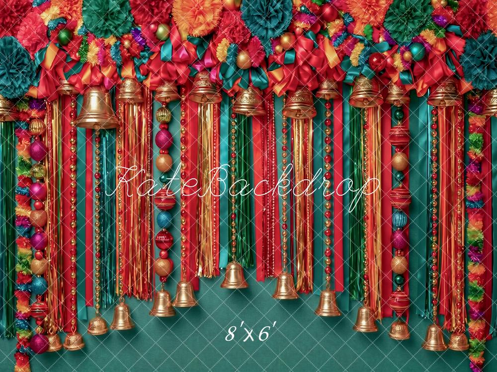 Kate Christmas Bell Ornament Garland Colorful Ribbons Printed Backdrop Designed by Angela Miller