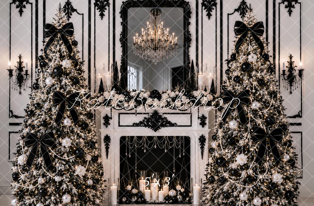 Kate Christmas Posh Black White Trees Fireplace Chandelier Printed Backdrop Designed by Ashley Paul