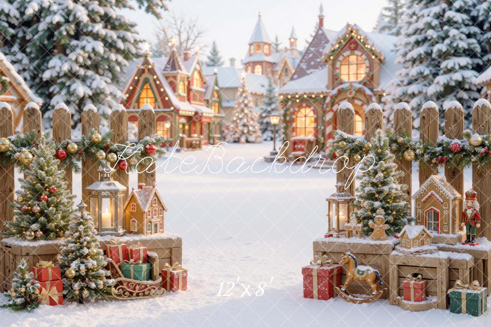 Kate Christmas Snowy Village Gingerbread Houses Printed Backdrop Designed by Mini MakeBelieve