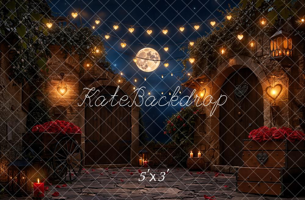 Kate Valentine Moonlit Courtyard Heart Lights Red Roses Backdrop Designed by Emetselch