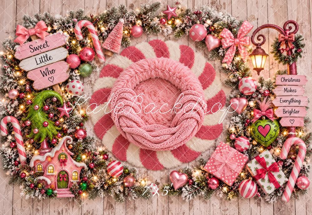 Kate Christmas Newborn Sweet Little Girly Who Pink Candy Cane Printed Backdrop Designed by Laura Bybee