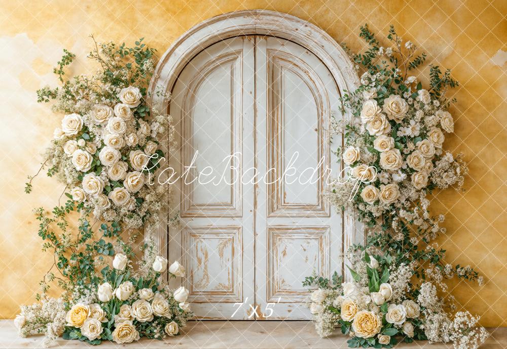 Kate Spring Flower Arch White Vintage Door Yellow Wall Backdrop Designed by Chain Photography
