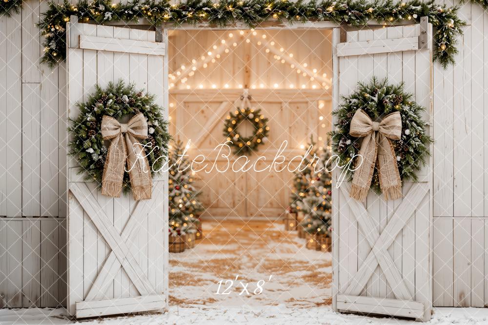 Kate Christmas White Barn Doors Wreaths Garland Bow Printed Backdrop Designed by Emetselch