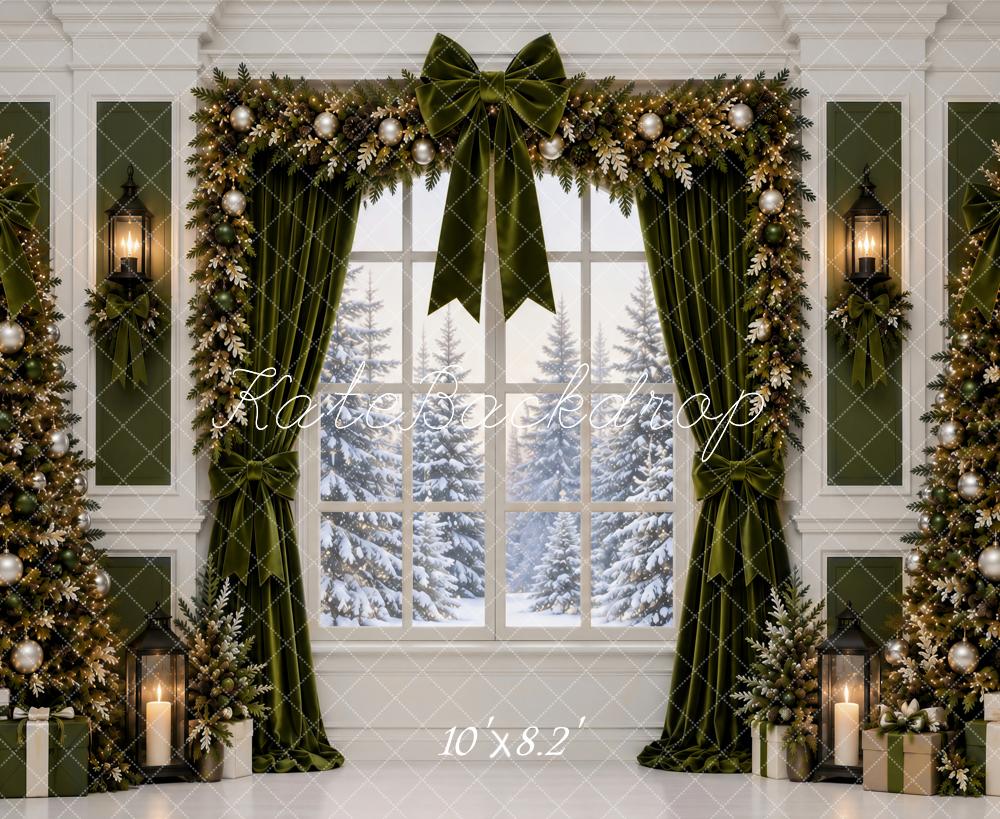Kate Christmas Arched Window Green Garland Snowy Forest Printed Backdrop Designed by Ashley Paul