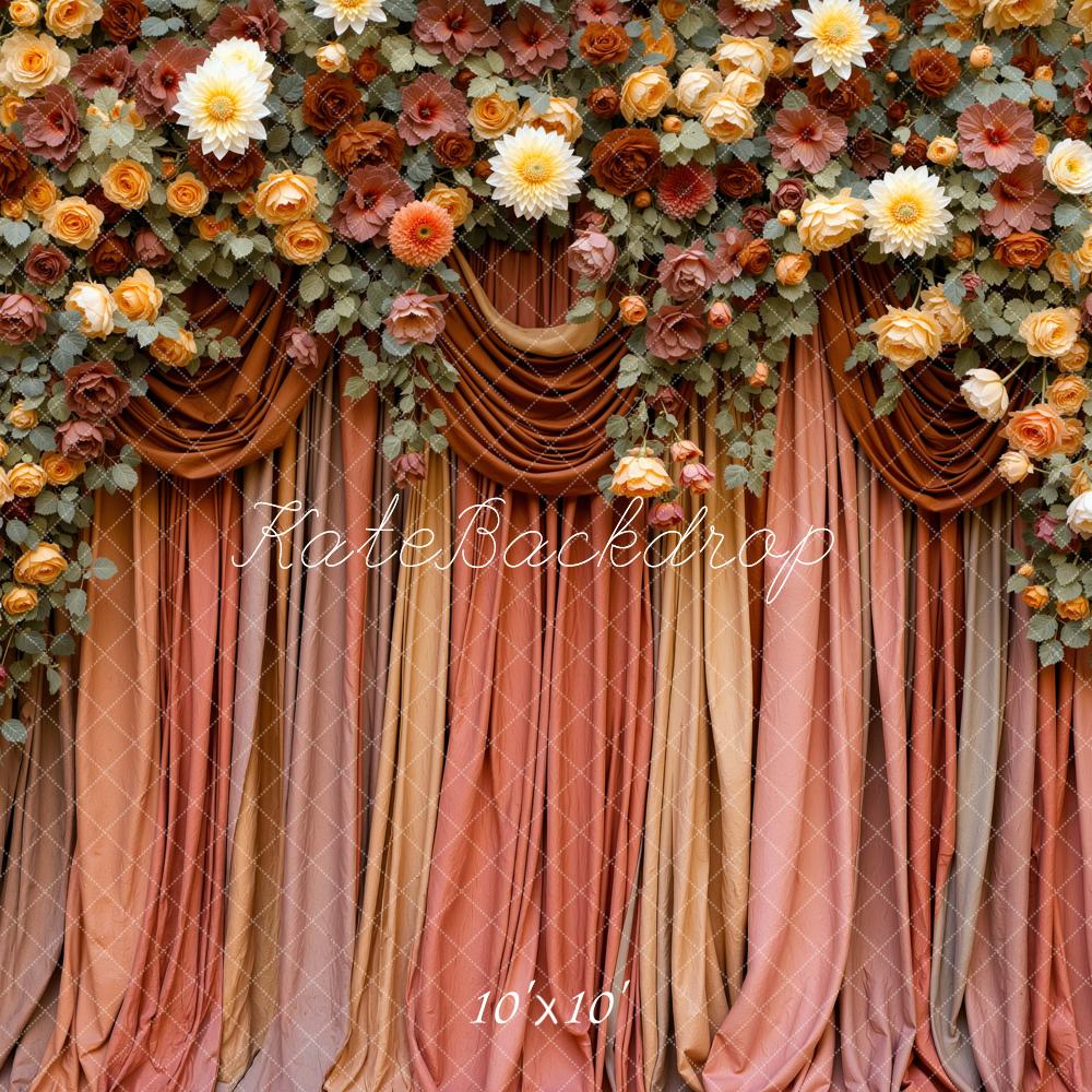 Kate Fall Flower Arch Brown Drapes Printed Backdrop Designed by Mini MakeBelieve
