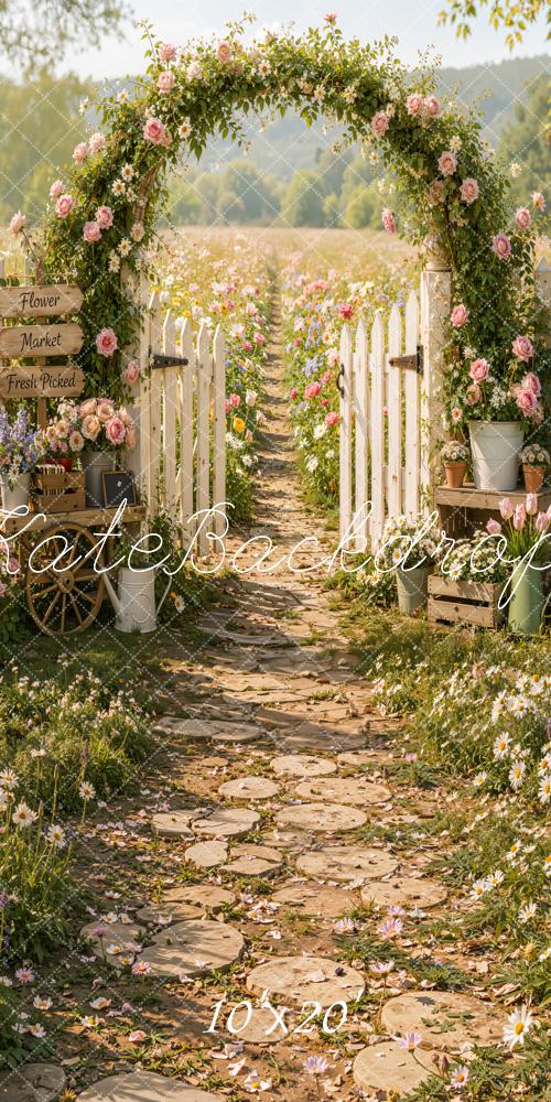 Kate Spring Flower Arch Garden Pathway White Fence Field Printed Backdrop Designed by Emetselch