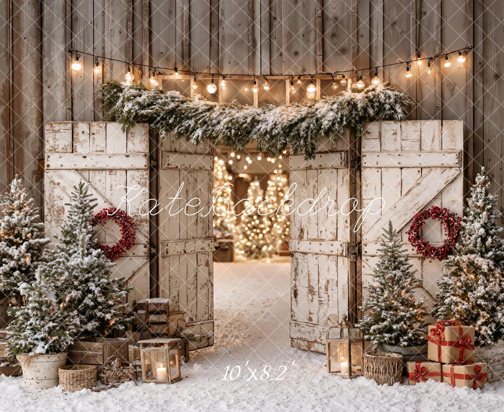 Kate Christmas Rustic Barn Doors Snowy Trees String Lights Printed Backdrop Designed by Emetselch