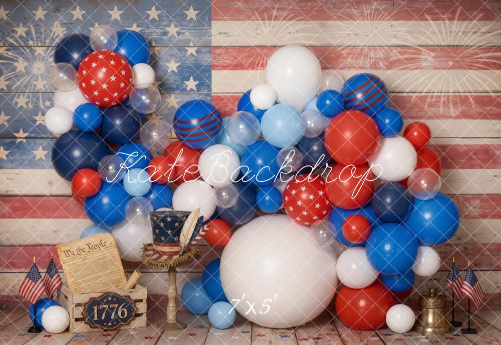 Kate 4th of July Patriotic Balloons American Flag Fireworks Wood Floor Printed Backdrop Designed by Emetselch
