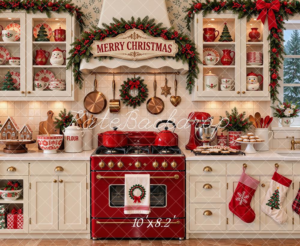 Kate Christmas Kitchen Garland White Cabinets Red Oven Printed Backdrop Designed by Shutter Swan Studios